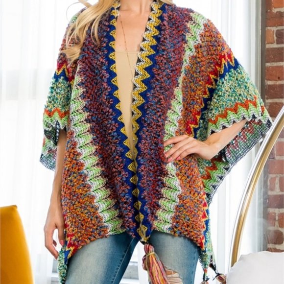 FALL VIBES KNIT ZIGZAG PATTERN TASSEL DETAILED KIMONO MULTI COLOR - Picture 5 of 7